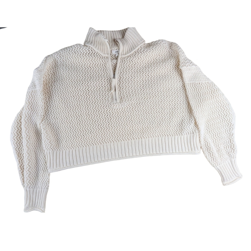 Aerie‎ Women's Cream White Cropped Quarter Zip Open Knit Sweater Size M